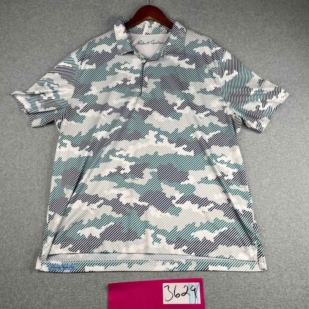 Robert Graham Polo Shirt 3XL Green White Camouflage Performance Lightweight Mens